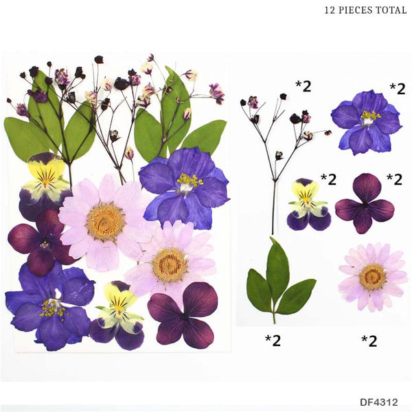 Dried Pressed Flowers with Leaves (Violet Color)