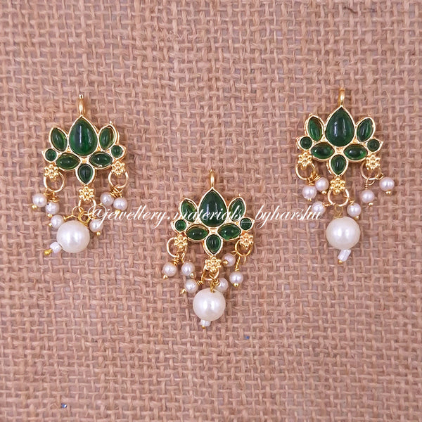 35 x 19 MM Dark Green Lotus Charms with Pearl (White / Half White Pearl) (1 Piece)