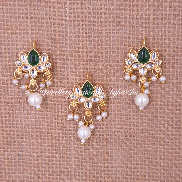 35 x 19 MM Dark Green and White Lotus Charms with White Pearl (1 Piece)
