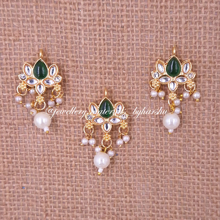 35 x 19 MM Dark Green and White Lotus Charms with White Pearl (1 Piece)