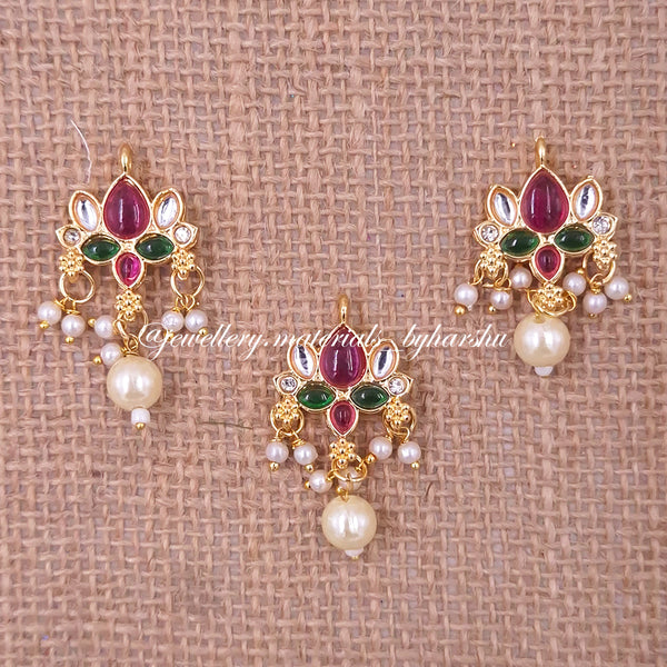 35 x 19 MM Dark Pink, Green and White Lotus Charms with Pearl (White / Half White Pearl) (1 Piece)