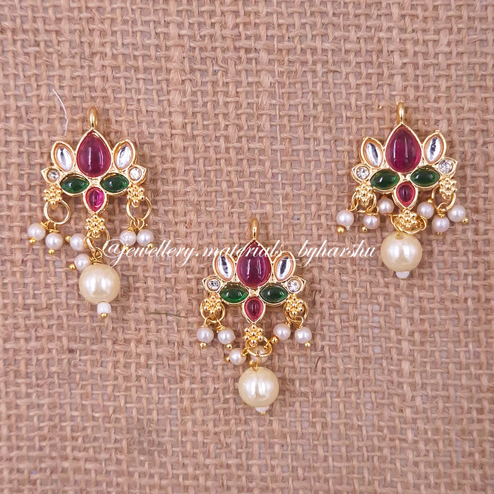 35 x 19 MM Dark Pink, Green and White Lotus Charms with Pearl (White / Half White Pearl) (1 Piece)