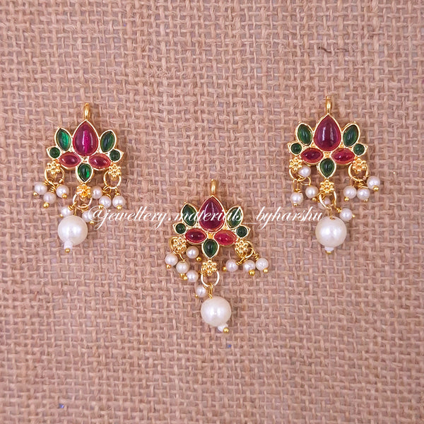35 x 19 MM Dark Green and Pink Lotus Charms with White Pearl (1 Piece)