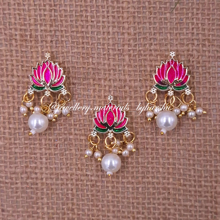 14 x 17MM Dark Pink Lotus Charms with Pearl (White / Half White Pearl) (1 Piece)