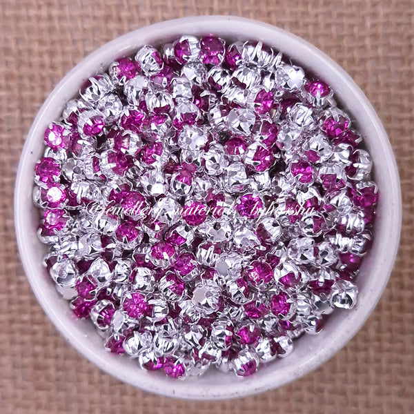 3mm Round Silver Clip Stone - Dark Pink