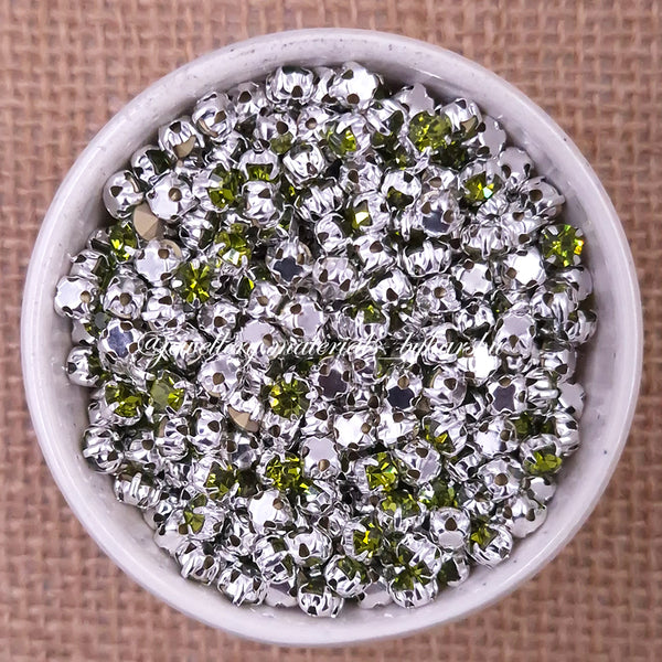 3mm Round Silver Clip Stone - Olive Green